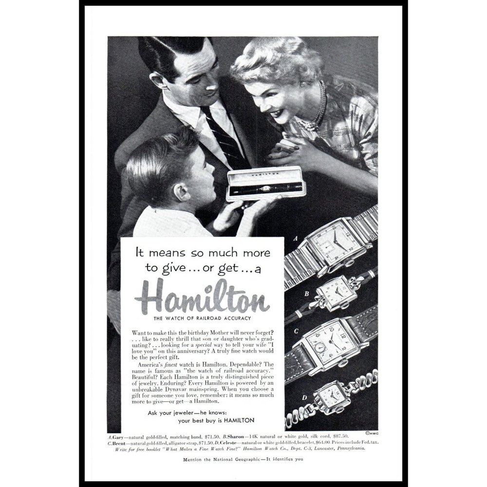 1953 Hamilton Watch Mother's Day Gift Vintage Print Ad Father Son Wall Art Photo